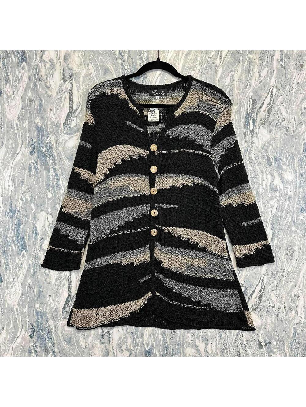 Boho Indie Minimalist Black and Gray Striped Button-Up Cardigan (L)